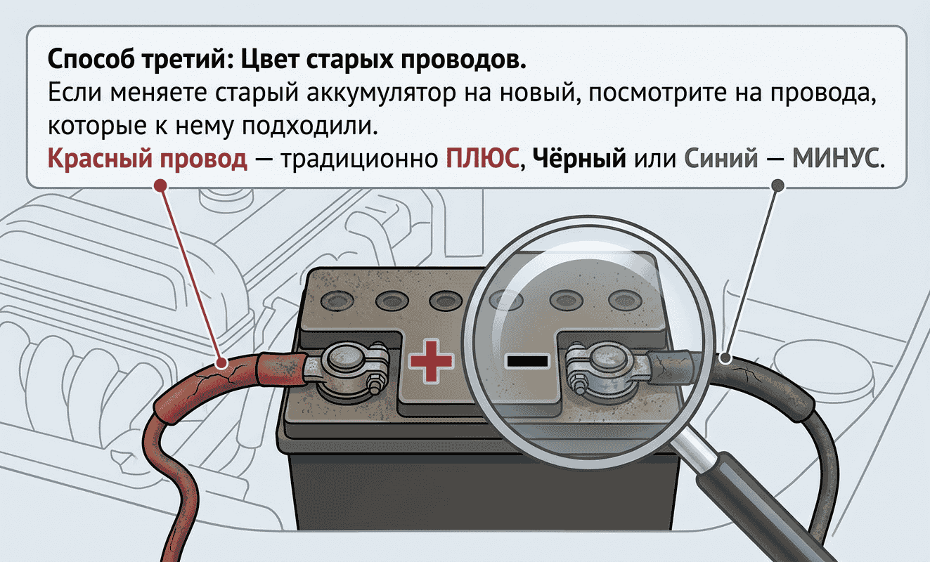 Цветовая маркировка проводов АКБ: красный провод — плюс, чёрный — минус